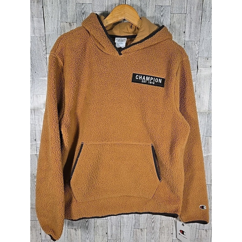 Champion Sweatshirt Hoodie SMALL Shearling Brown Logo Spellout Front Pocket NEW